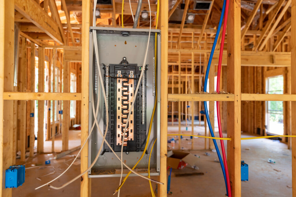 Electrical circuit breaker panel and other electrical services in Boise Bench, Boise, ID in a new home under construction.