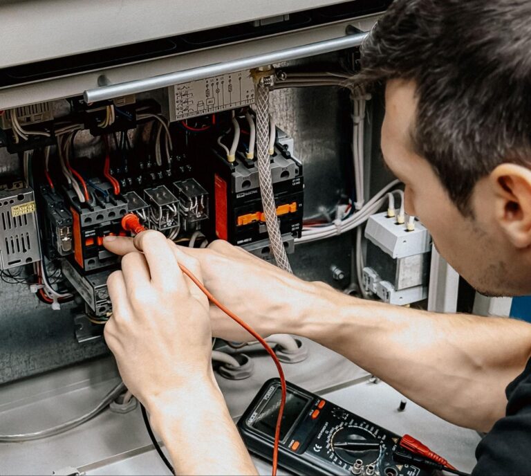A commercial electrical contractor tests wiring inside an electrical control panel with a multimeter.