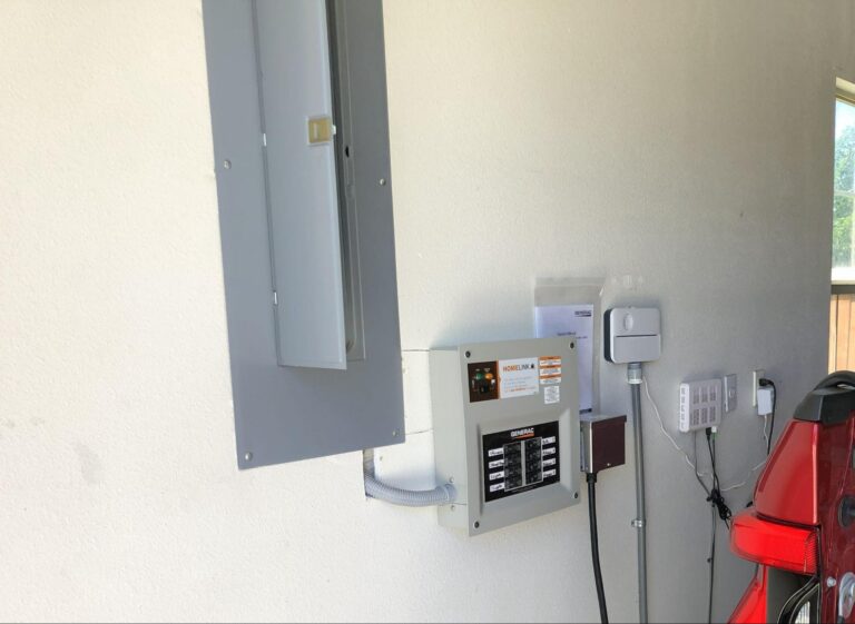 Residential electrical panel in a Boise home garage with vehicle parked nearby.
