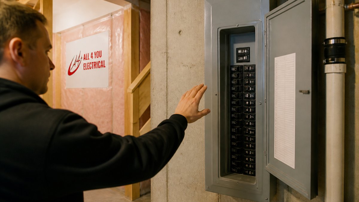 Diagram showing safe handling of a home circuit breaker panel before emergency electrical repair services begin.