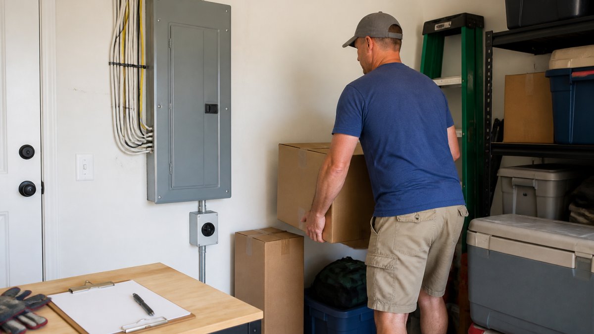 A homeowner in casual clothes clearing furniture and boxes away from an electrical service panel in a clean garage, with a clipboard and pen on a nearby table