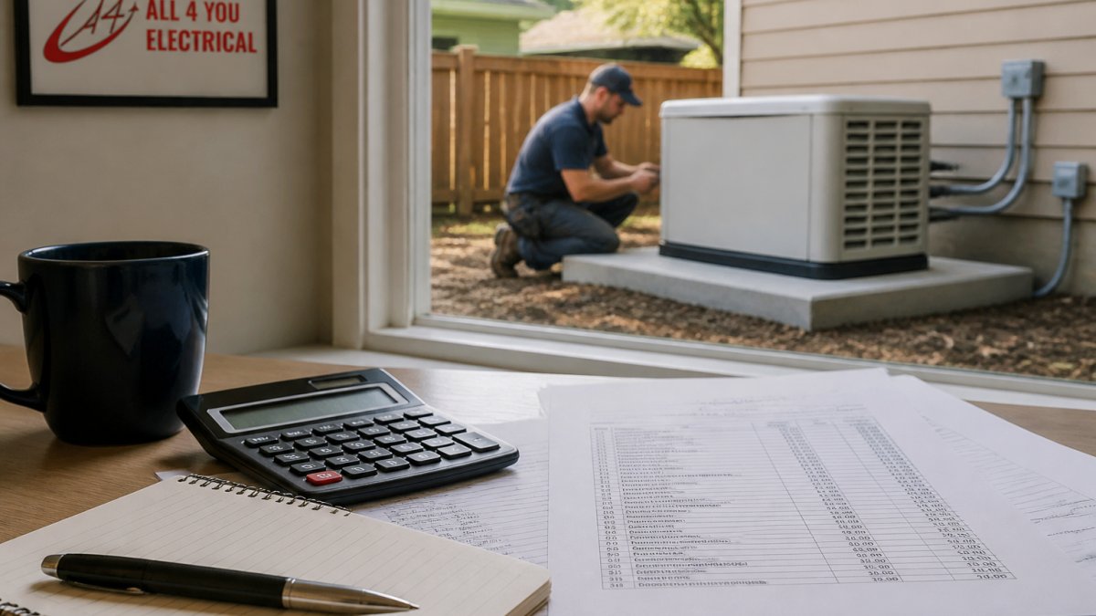Licensed electrician installing a standby generator on a concrete pad outside a residential home, making electrical connections with tools and conduit visible in natural daylight