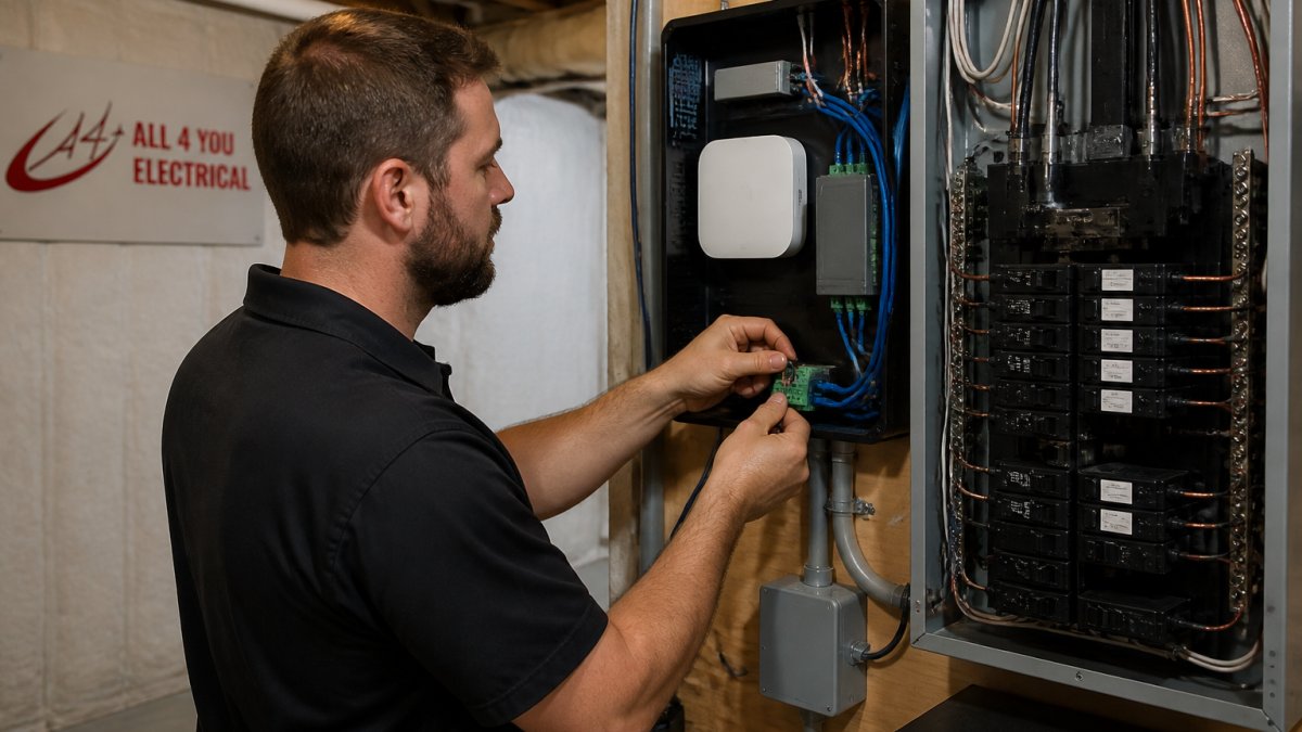 Professional electrician installing a smart home automation hub and connecting wiring into a residential electrical panel, showing the integration between traditional copper wiring and modern smart control modules in a well-lit basement utility room
